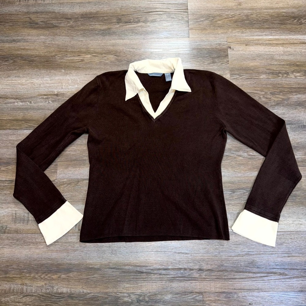 Hillard & Hanson Brown V-Neck Knit Sweater Womens XL Cream Pointed Collar Trim